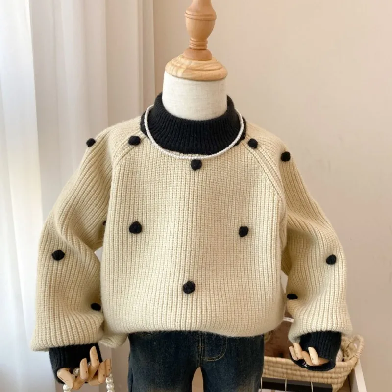 ¡Suéter coreano de moda con bloques de color para niñas este otoño e invierno! ¡Cuello alto con pompones, punto grueso, elegante y cómodo. - imagen 2