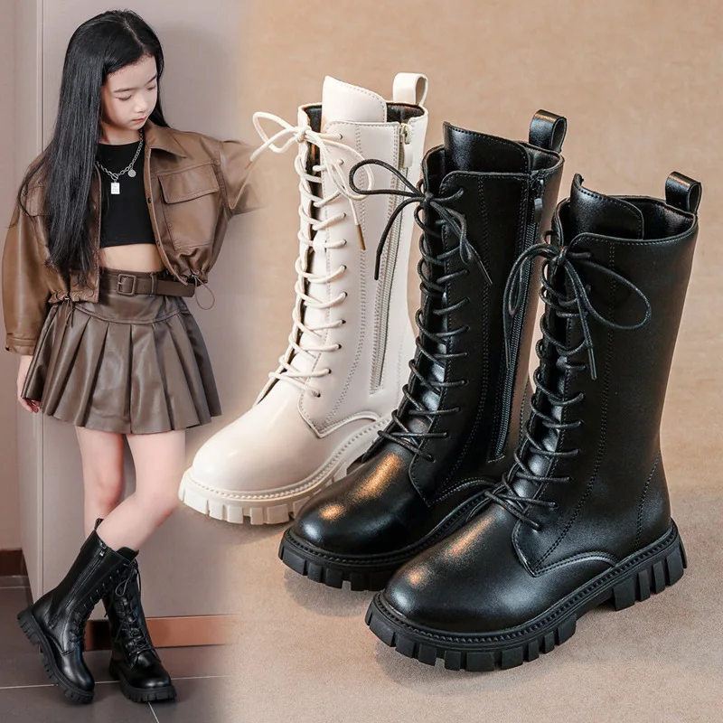 Botas de moda para chicas, novedad de invierno de 2021, botas de nieve británicas altas, botas de princesa simples y cálidas y versátiles para niñas, botas escolares para niñas