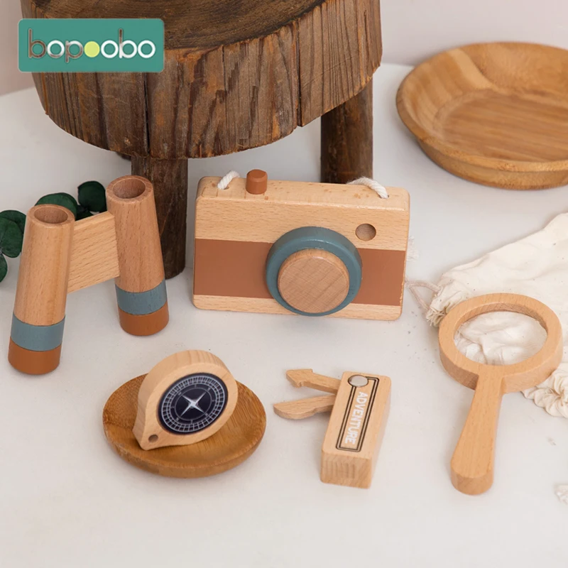 Kit de exploración al aire libre de madera para niños, juguete de cámara para regalo de cumpleaños, lupa Compas Montessori, regalo de bricolaje, 5 piezas por juego
