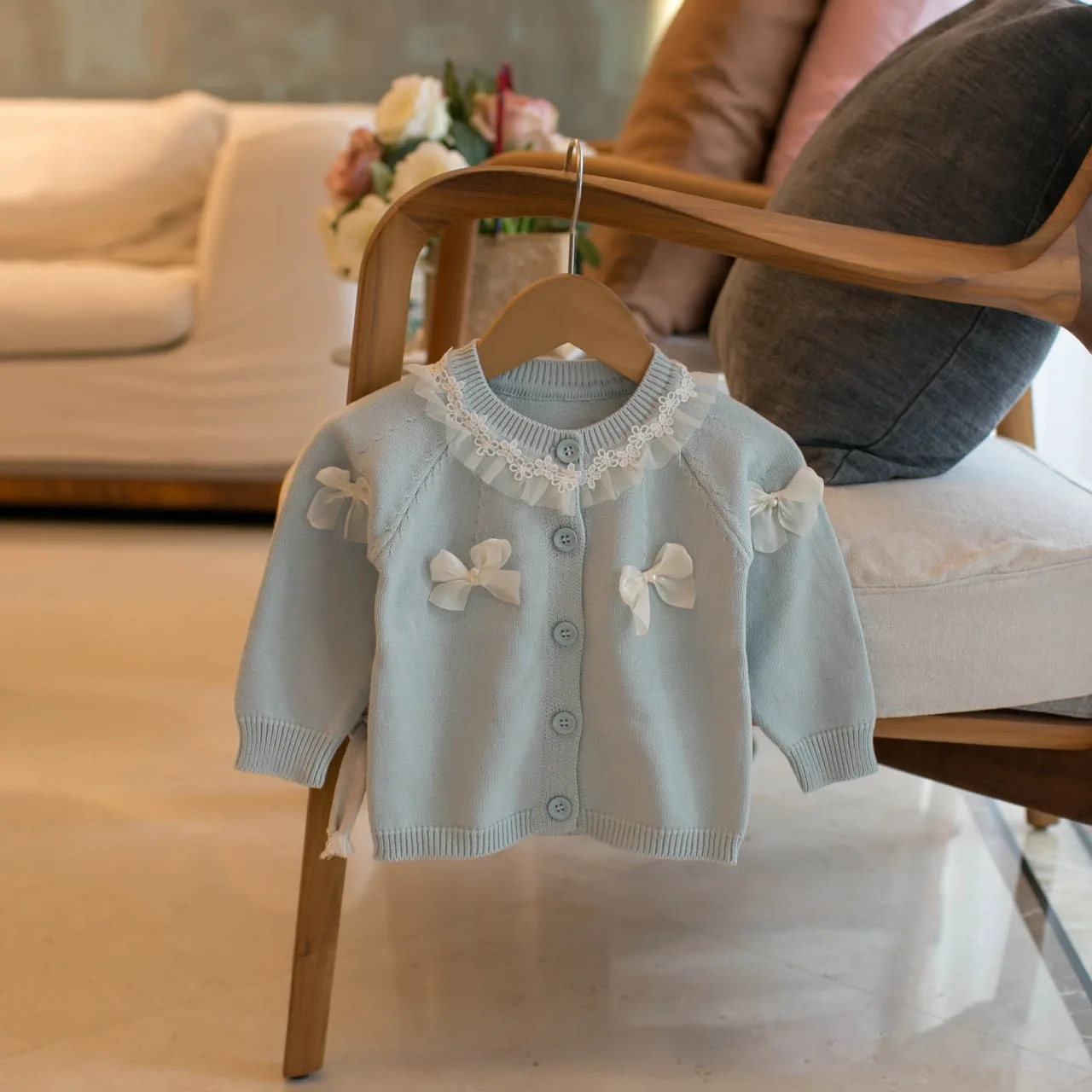 Suéteres para niños, cárdigans de punto calados para niñas, suéteres con volantes para niñas, traje de punto para chicas de moda - imagen 5