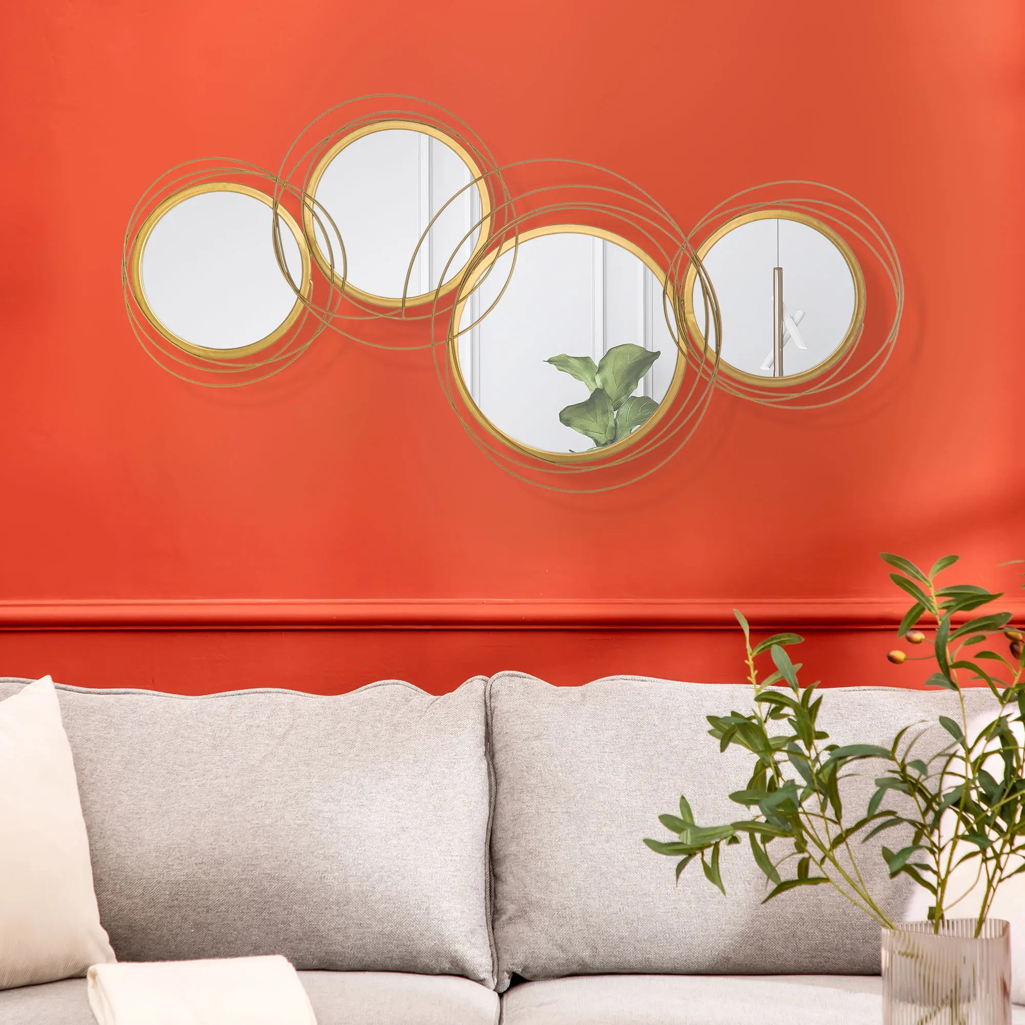 HOMCOM Decoración de Pared de Metal 3D Escultura de Pared de Espejos Redondos 107x56 cm Adornos de Pared Metálicos para Salón Dormitorio Cocina Dorado - imagen 2