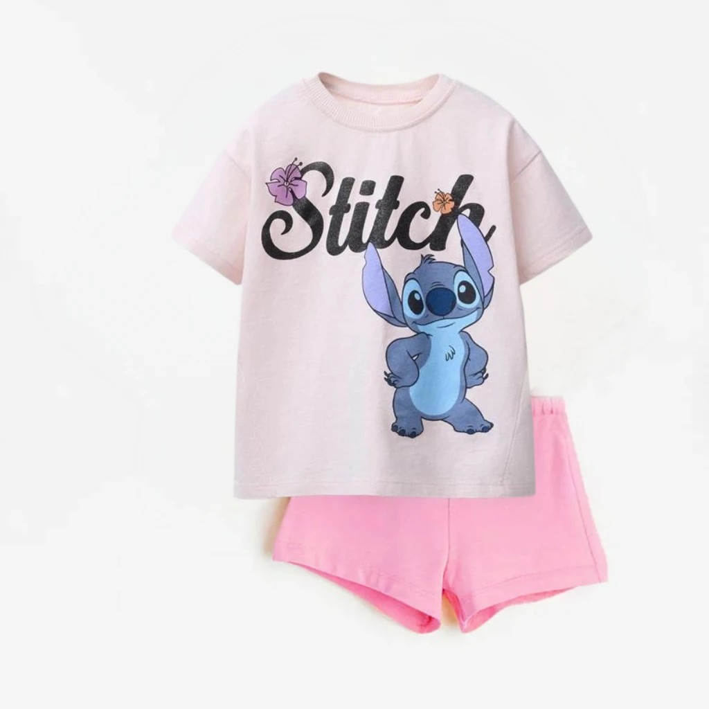 Camiseta de dibujos animados de verano, pantalones cortos rosas, conjunto de dos piezas, disfraz holgado informal para niños, trajes de manga corta, camisetas bonitas para niñas y niños + Pantalones cortos - imagen 5