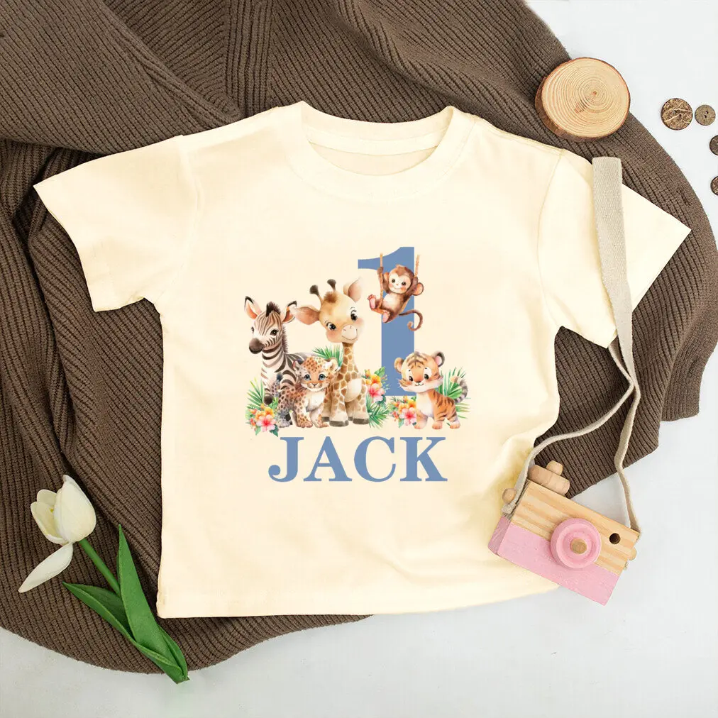 Camiseta de cumpleaños personalizada para niños y niñas de 1 a 5 años, camisa de fiesta de la jungla, camiseta salvaje, traje de Animal con nombre, ropa Retro para niños - imagen 4