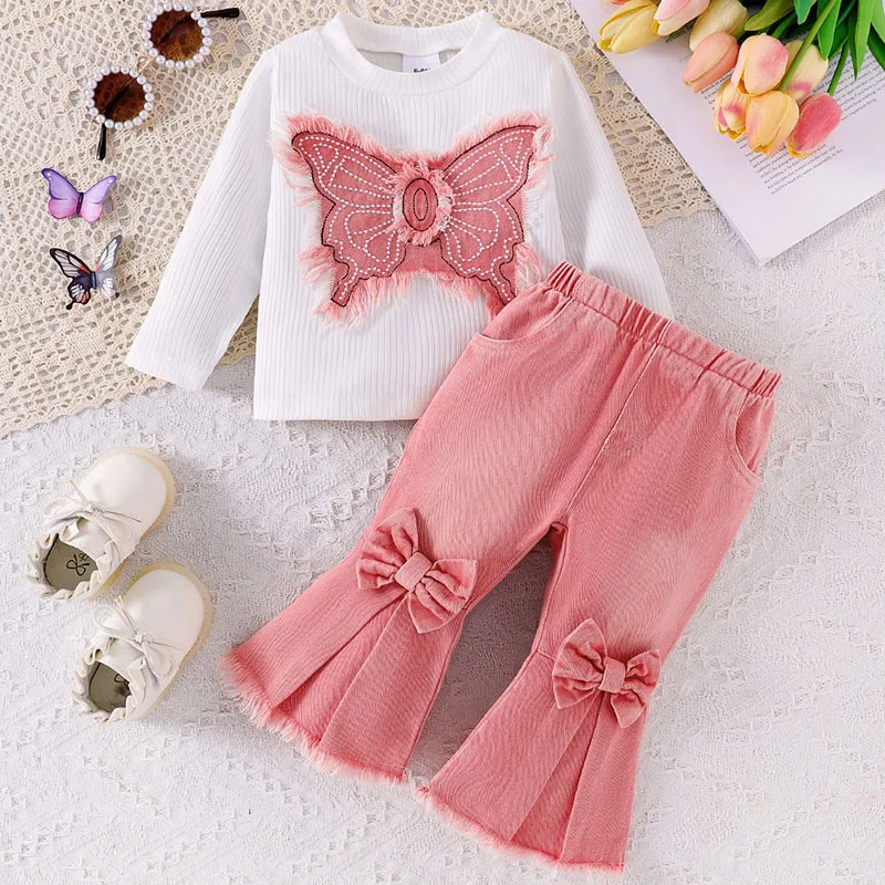 Ropa de primavera y otoño para niño niña, Tops blancos de mariposa a la moda coreana para bebé + pantalones acampanados de mezclilla con lazo, ropa de Boutique para niño B054