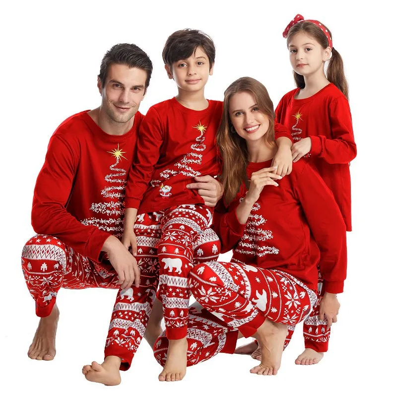 Conjuntos de pijamas con capucha familiar, pijamas navideños con estampado de cuadros, ropa de manga larga, ropa de descanso, pijamas rojos y marinos, 2 unids/set