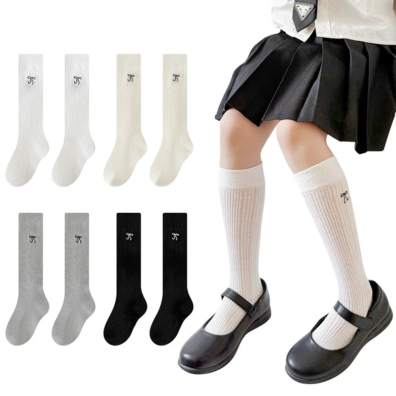 Medias con lazo para niñas, calcetines bordados transpirables de malla de Color sólido, calcetines suaves tejidos con lazo para primavera y verano para niños