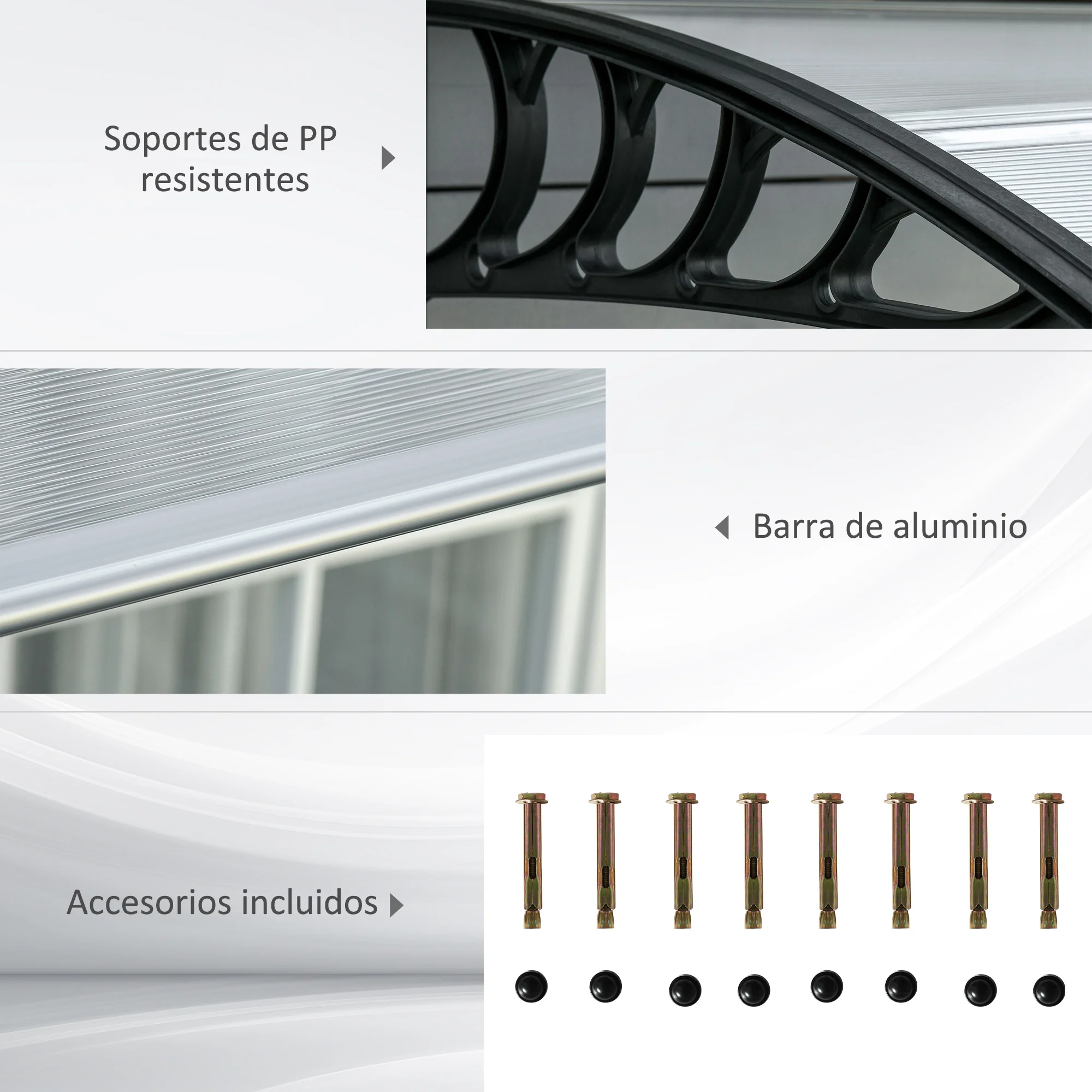Outsunny Tejadillo de Protección 300x96 cm Marquesina Exterior para Puertas y Ventanas contra Sol y Lluvia con Soporte de Aleación de Aluminio PP Policarbonato Transparente - imagen 5