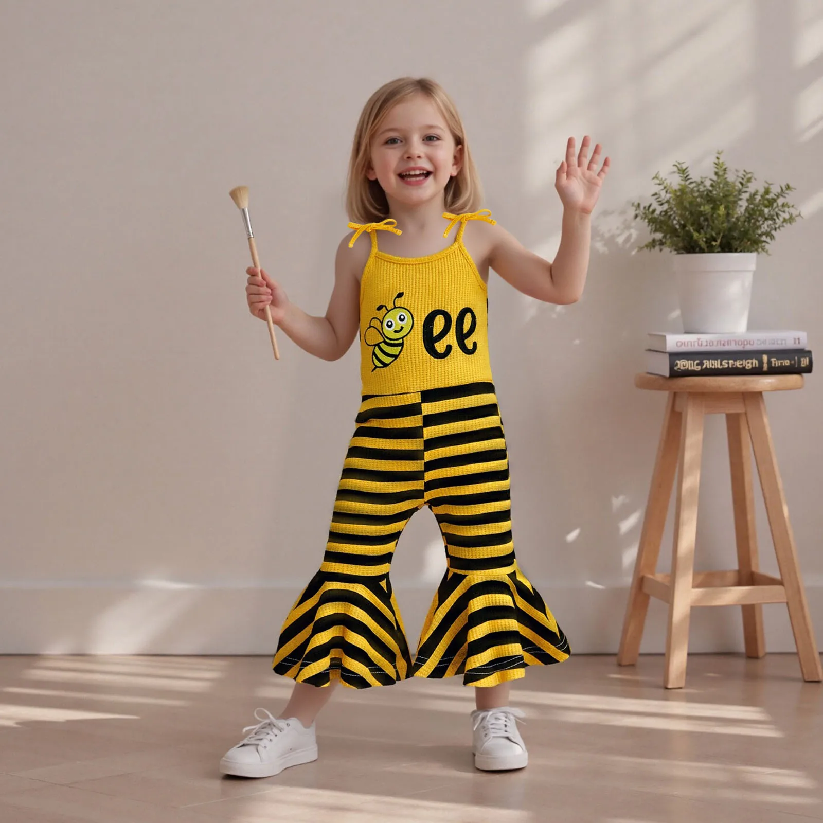 ViSgogo Mono para niñas con tirantes finos y estampado de rayas de abeja, ropa informal para fiesta - imagen 4