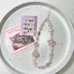 Lindo cordón de cadena de teléfono con cuentas de corazón y estrella rosa en 3D para iPhone Samsung, joyería de cuerda colgante antipérdida Universal