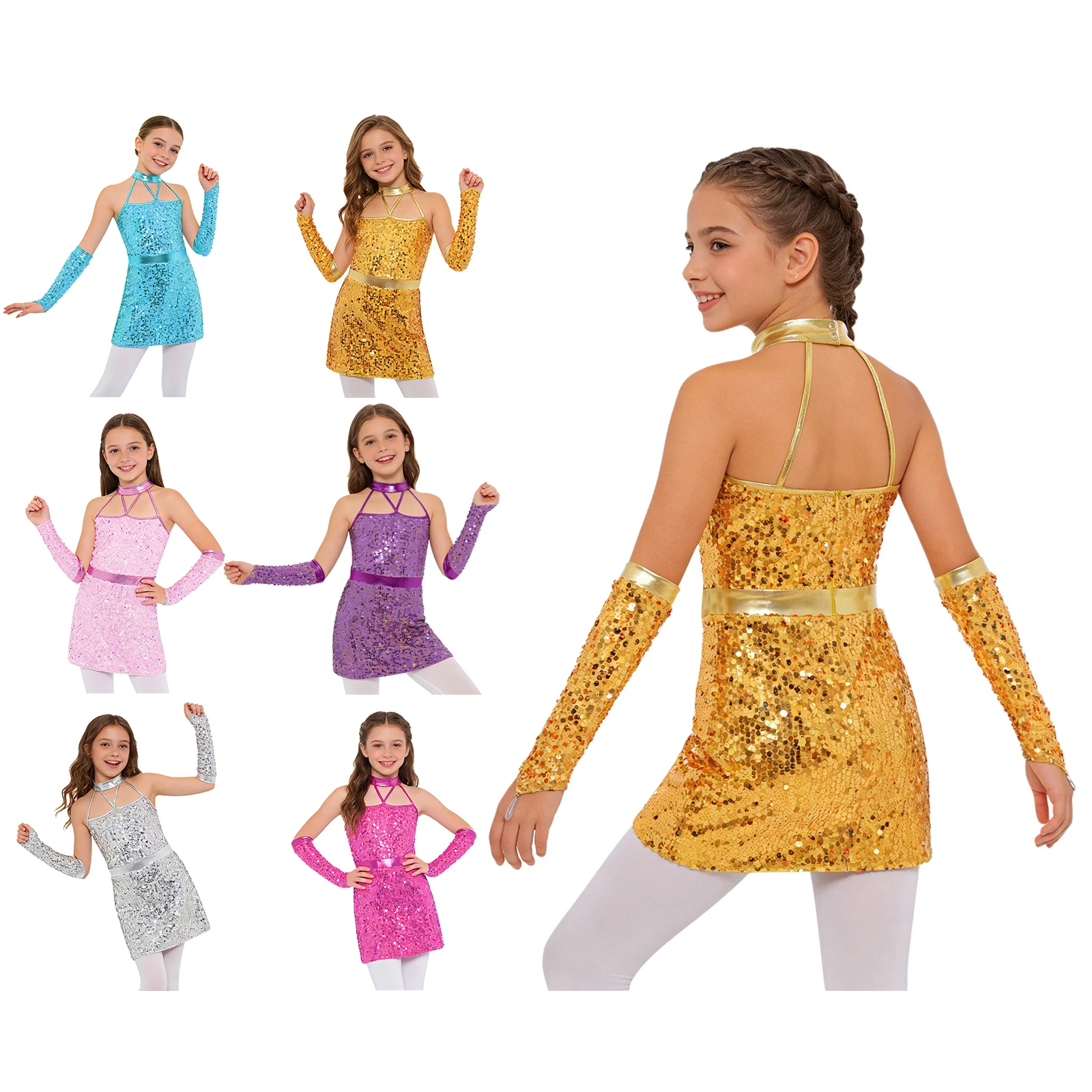 Vestido de baile latinoamericano para niña con lentejuelas y guantes - imagen 2