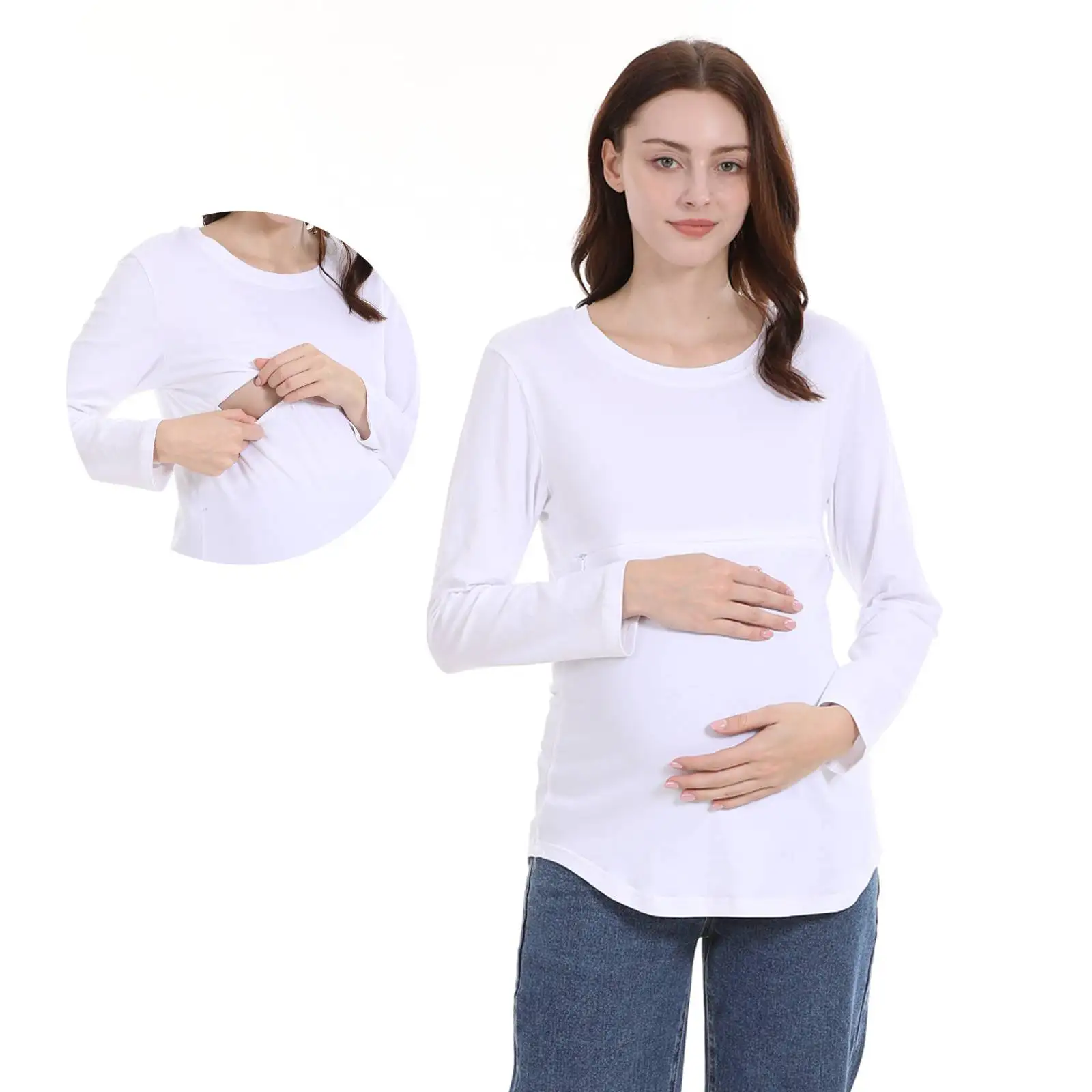 Ropa de maternidad de talla grande, camisetas de lactancia, camisetas de primavera y otoño con cuello redondo, camisetas de lactancia posparto de manga larga con cremallera Horizontal
