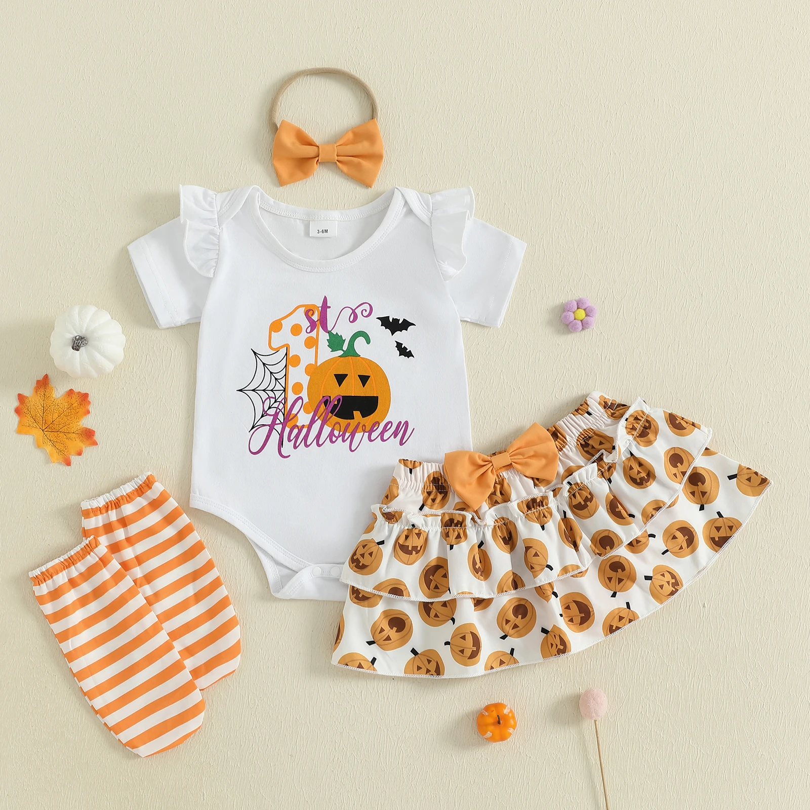 VISgogo Conjunto de 4 piezas de trajes de Halloween para niña, mameluco de manga corta con falda con patrón de calabaza, diadema con lazo y calcetines largos