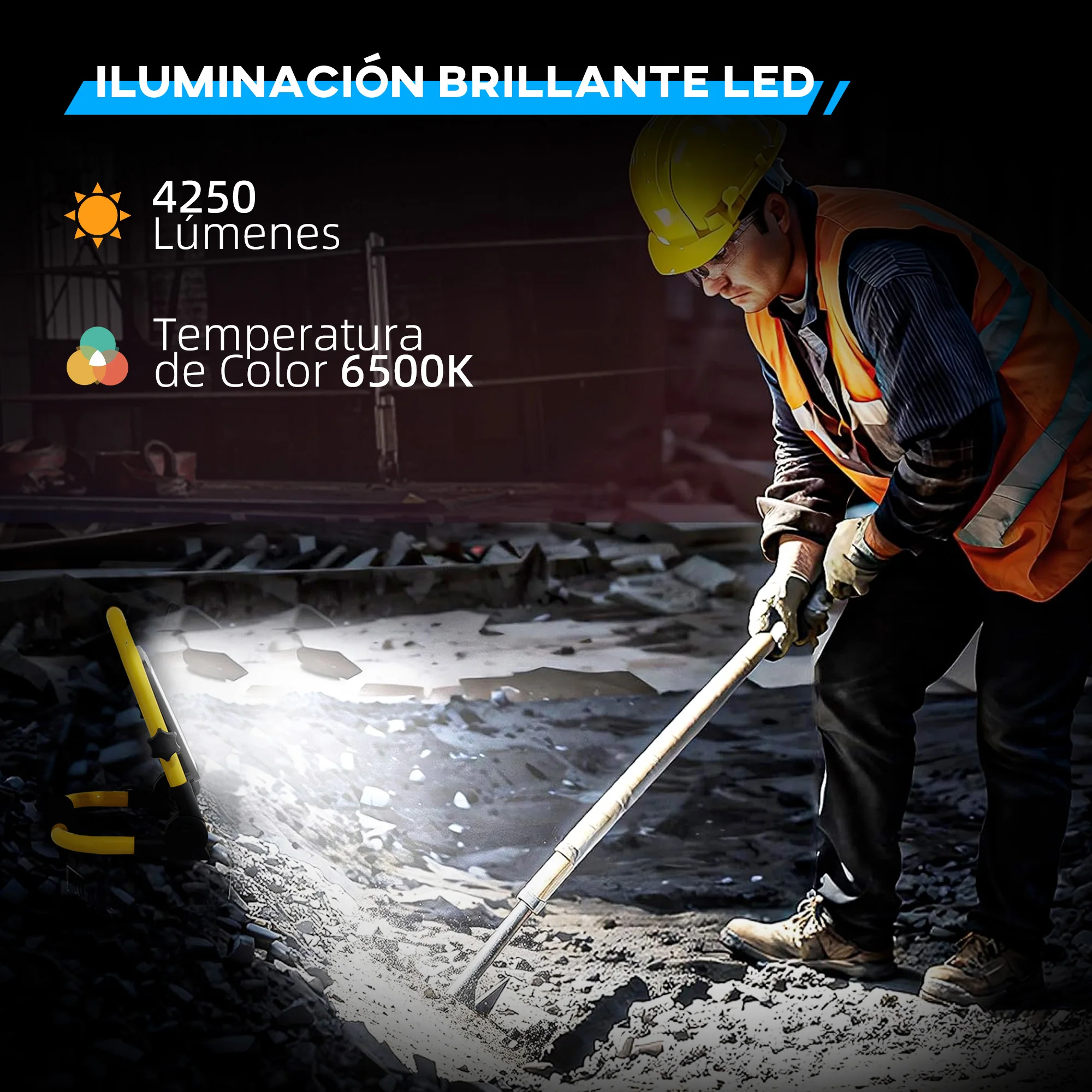 HOMCOM Foco LED con Cabezas y Soporte Ajustables 50 W 4250 Lúmenes IP65 6500K Foco Proyector Led Resistente a la Intemperie Portátil con Asa para Interior y Exterior Amarillo y Negro - imagen 4