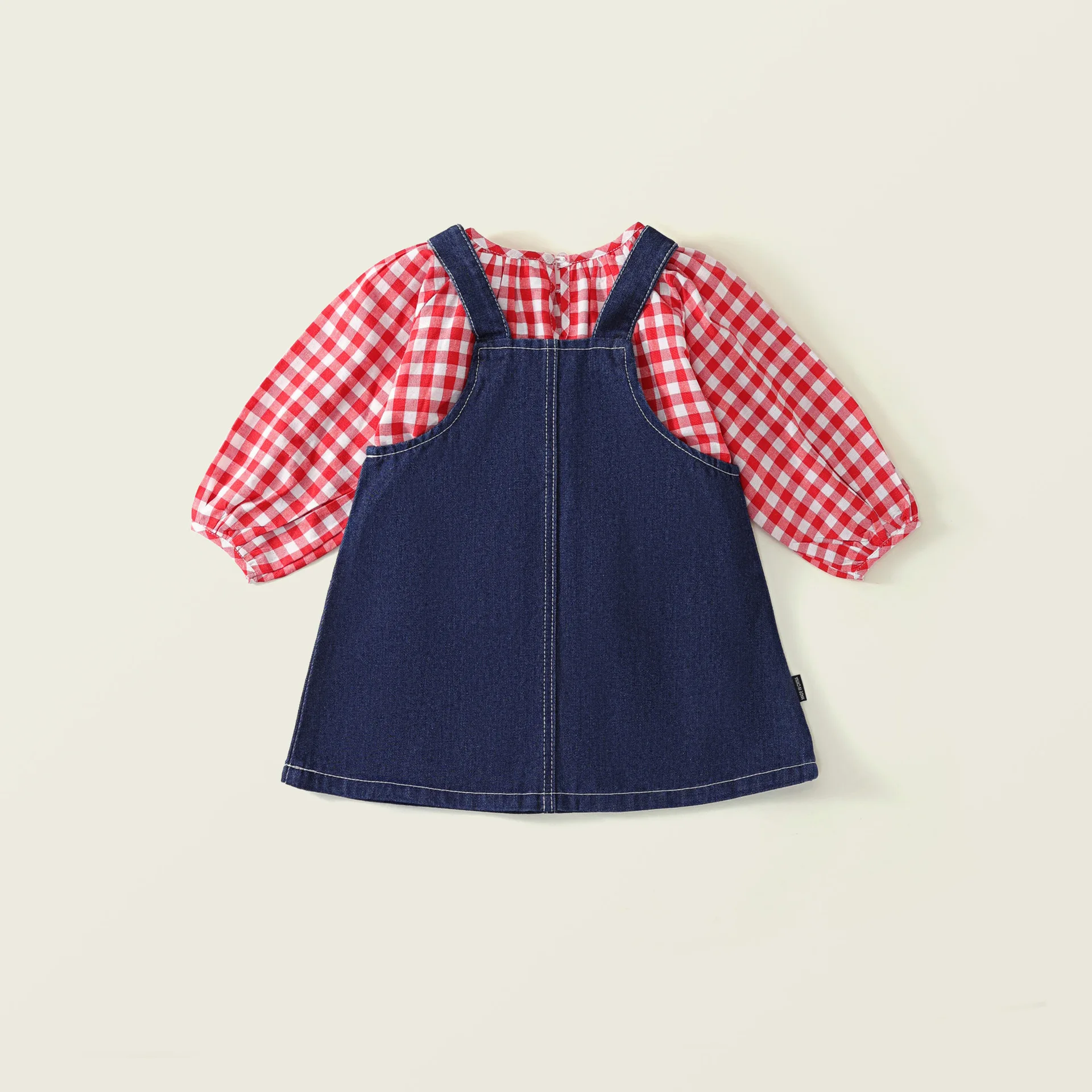 Conjunto de 2 piezas de ropa para niña, moda coreana, Tops de manga larga rojos a cuadros + vestido vaquero con lazo, ropa de Boutique para niño B056 - imagen 3