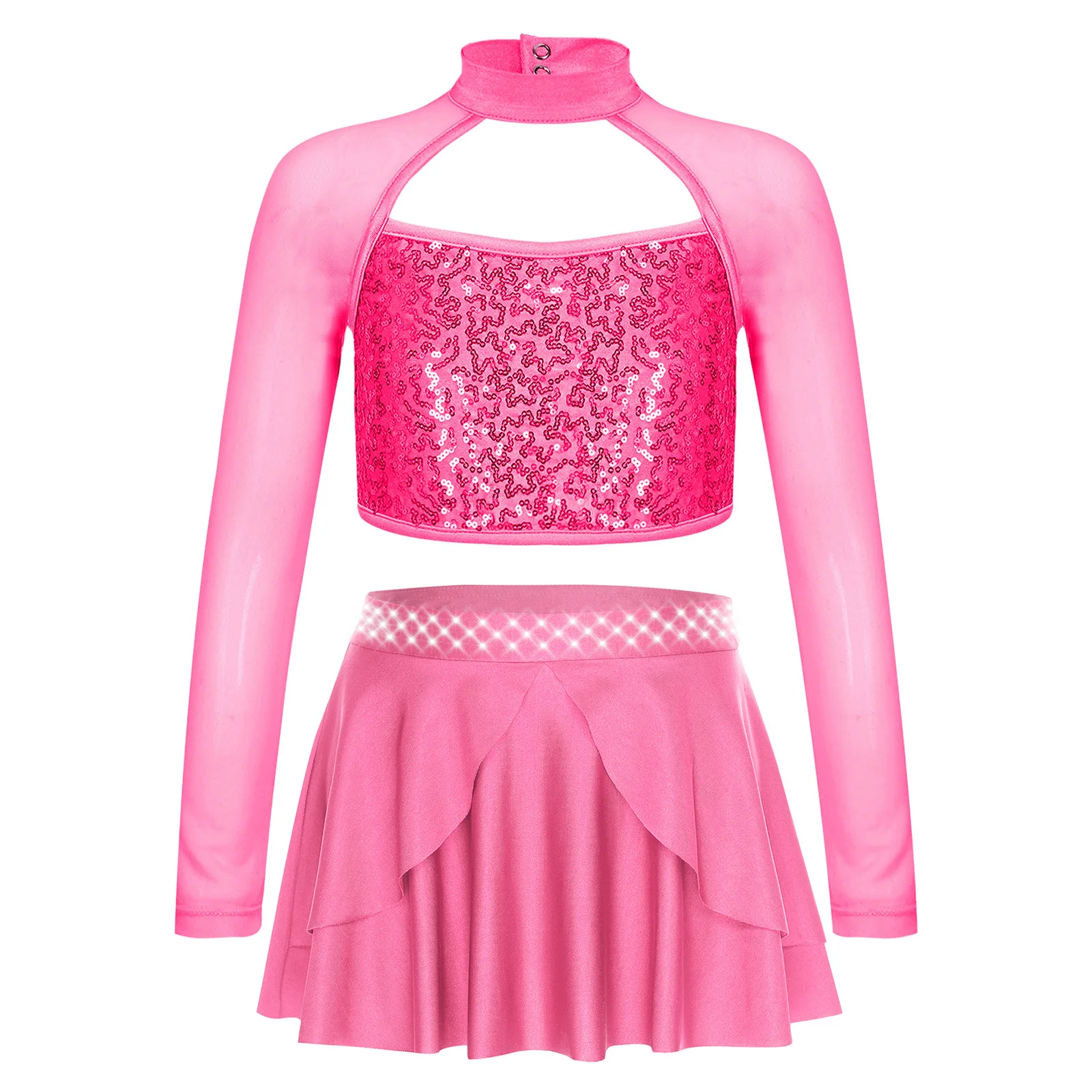 Conjuntos de baile de Ballet para niñas, traje de bailarina de baile de Jazz latino, Top corto de lentejuelas de manga larga, falda con dobladillo Irregular y diamantes de imitación - imagen 4