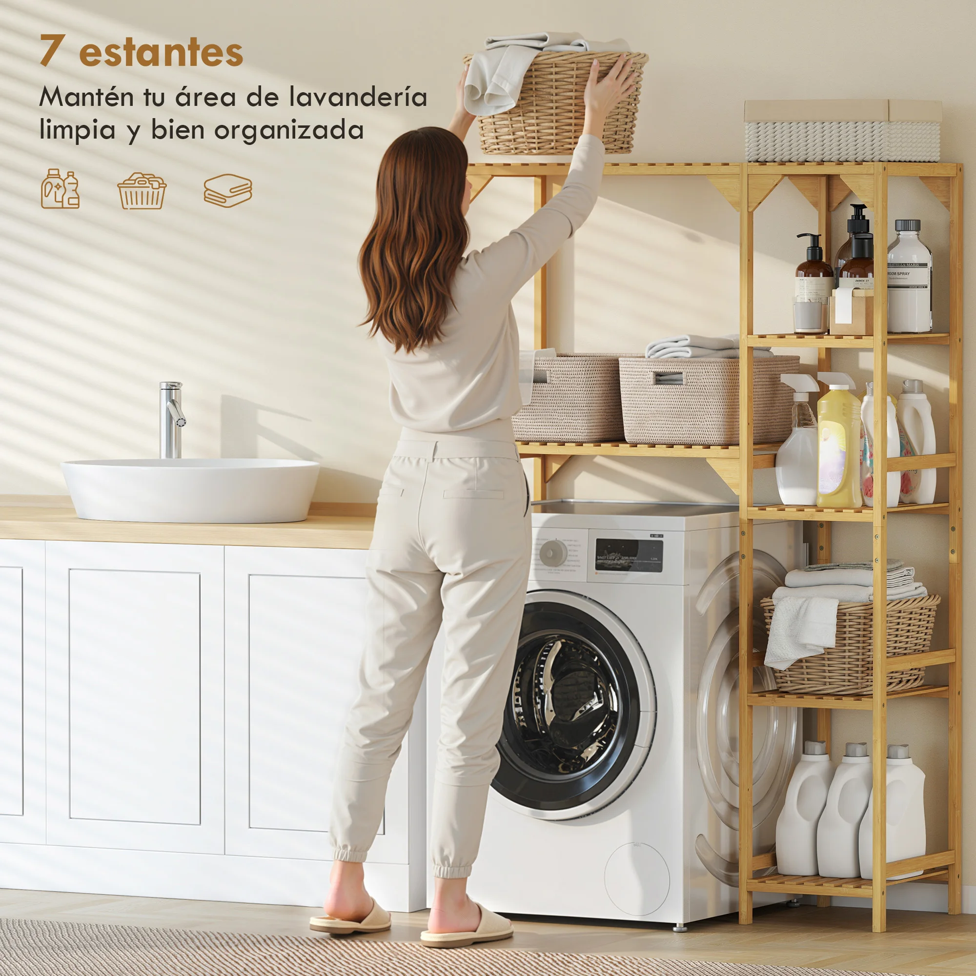 HOMCOM Estantería para Lavadora de Bambú, Mueble para Lavadora o Inodoro con Estantes Reversibles y Ajustables, Ahorra Espacio, Para Lavandería, Baño, Madera Natural - imagen 4