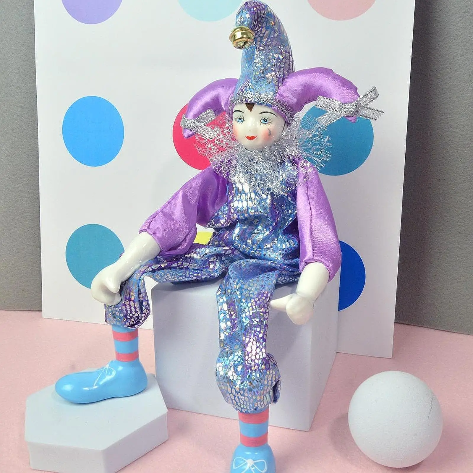 Porcelain Clown Doll Figure Living Room Desk with Costume Halloween Ornament