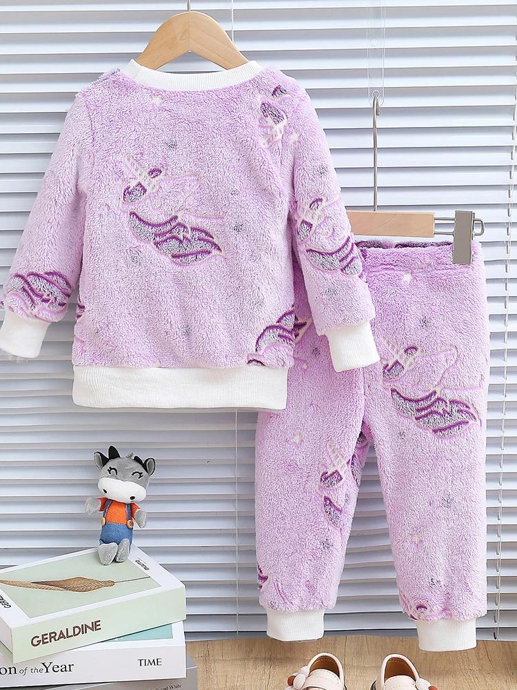 1 Juego de top y pantalones de manga larga gruesos de felpa con diseño de caballo de unicornio y luz nocturna de otoño e invierno para niña, cómodos - imagen 2