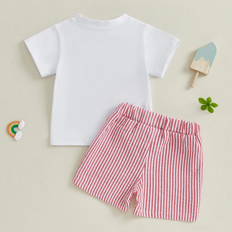 Suefunskry Conjuntos de pantalones cortos de verano para niños, camisetas de manga corta con cuello redondo y estampado de maíz y langosta y pantalones cortos a rayas - imagen 2