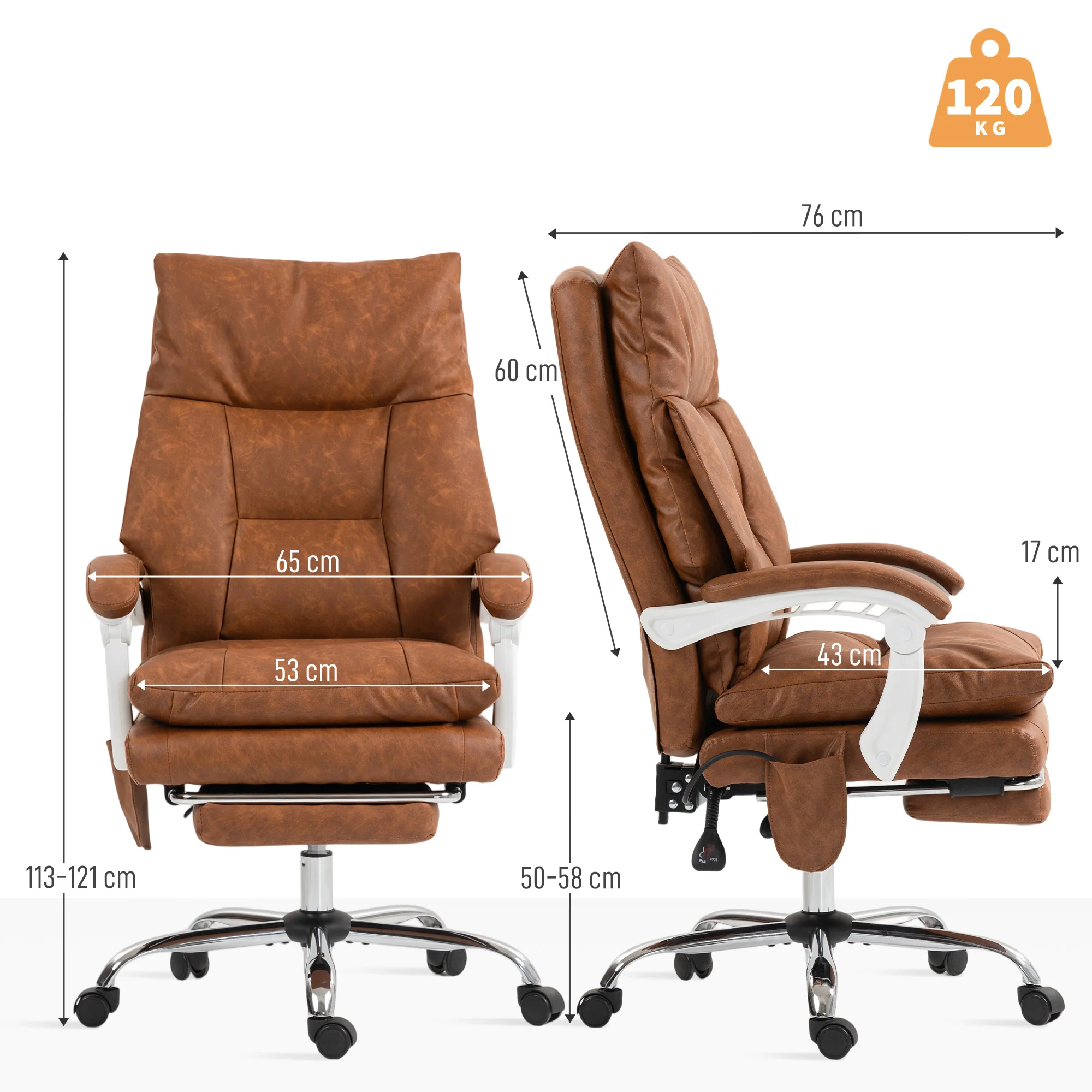 HOMCOM Silla de Escritorio con Soporte Lumbar Inflable, Tapizada en PU, Silla de Oficina Giratoria con Reposapiés, Respaldo Reclinable, Respaldo Alto, Altura Ajustable - imagen 3