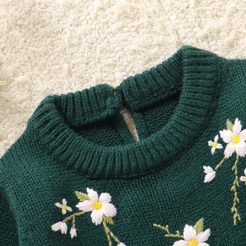 Romper floral verde de punto para bebé niña – Manga larga