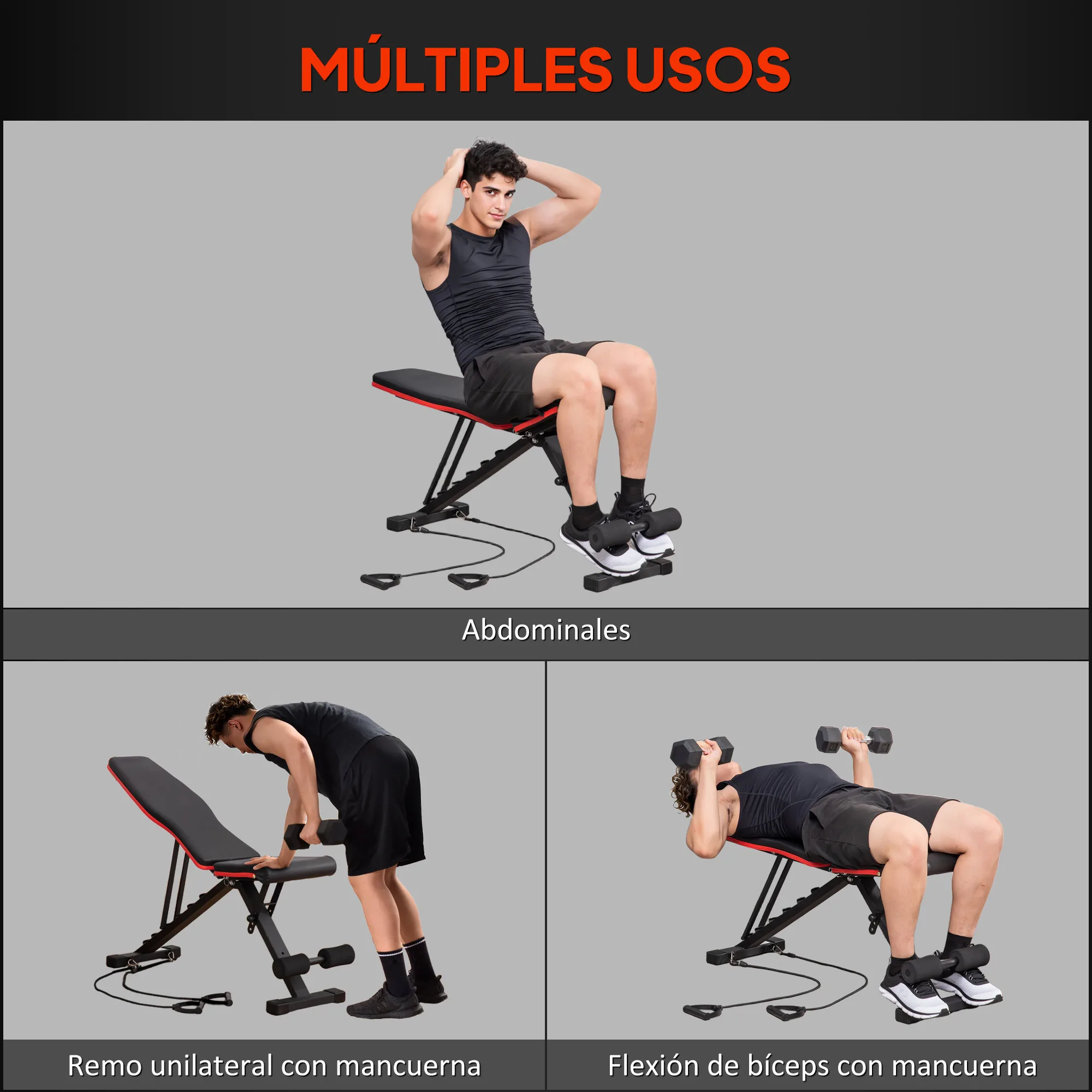 HOMCOM Banco de Musculación Plegable, Banco de Pesas, Respaldo y Asiento Ajustables, Extensión de Pierna, Cojín de Predicador y Banda de Resistencia, para Entrenamiento Completo, Gimnasio en Casa - imagen 4