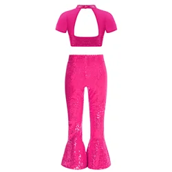 Traje de baile de jazz infantil con lentejuelas y pantalón acampanado