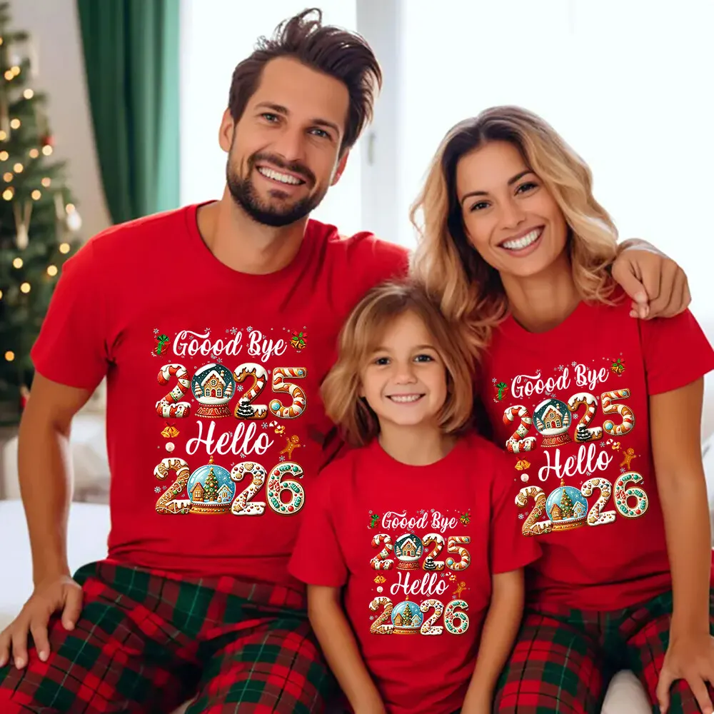 Adiós 2025 Hola 2026 familia Navidad ropa a juego T mamá papá hija hijo Tops familia camisa de Navidad regalo de vacaciones de Navidad