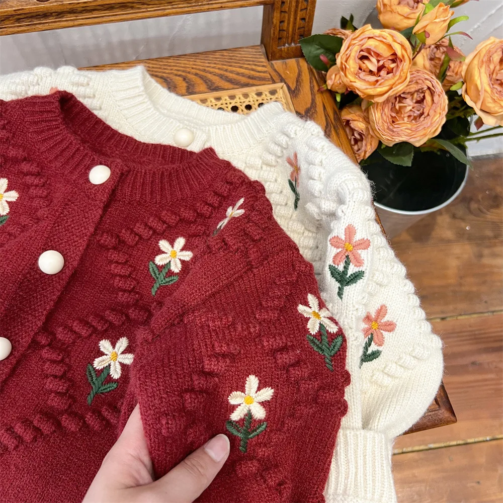 Suéteres rojos de Navidad para niños, abrigos para Otoño e Invierno 2022, cárdigan de punto con bordado Floral para niñas, prendas de vestir exteriores gruesas y cálidas - imagen 2