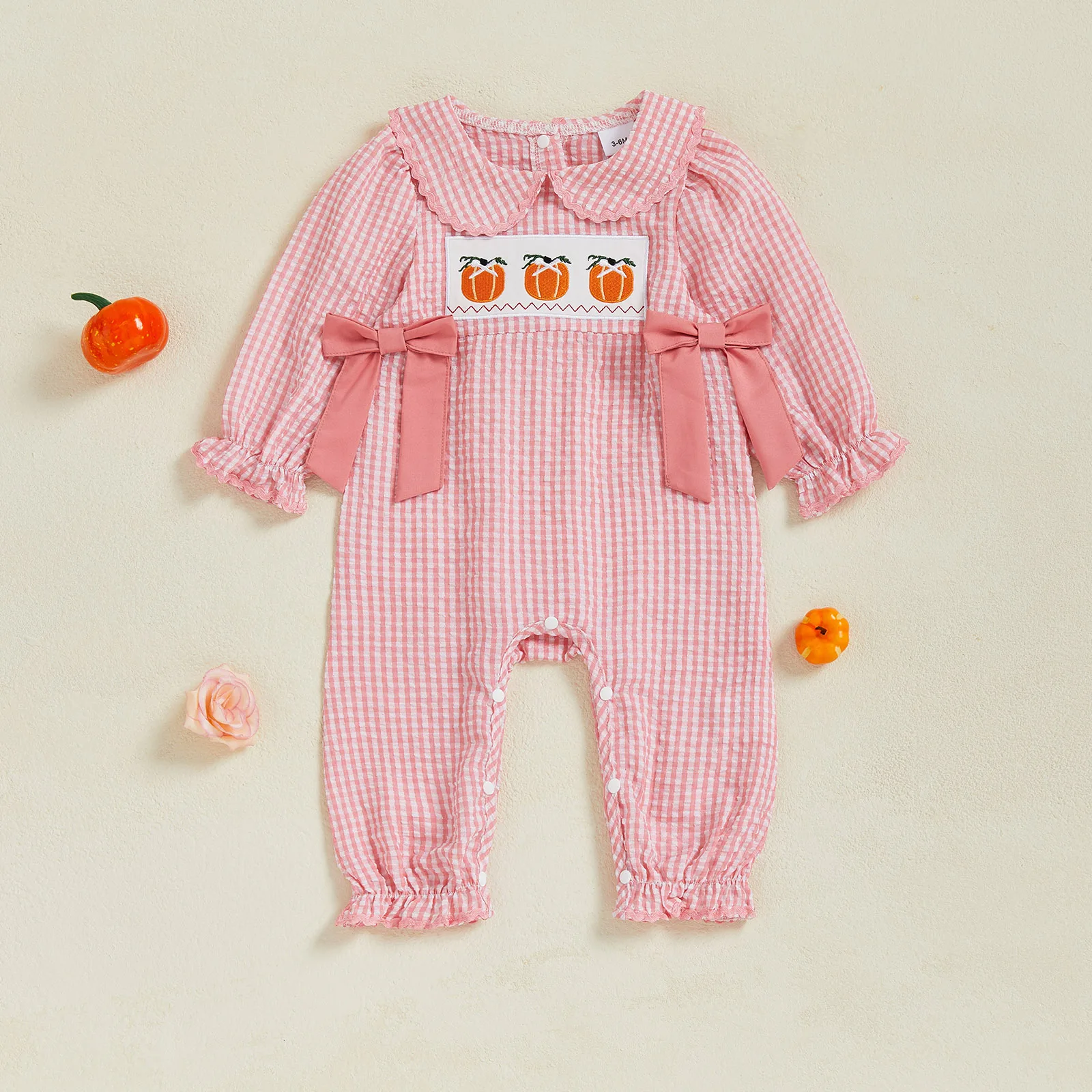 VISgogo-peleles para niñas de 0 a 18 meses, ropa de Halloween, monos de manga larga a cuadros con bordado de calabaza - imagen 2
