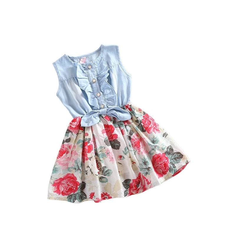 Nuevo vestido de verano de estilo coreano para niñas, bonito vestido Midi vaquero de mezcla de algodón con estampado Floral, falda sin mangas fresca y transpirable