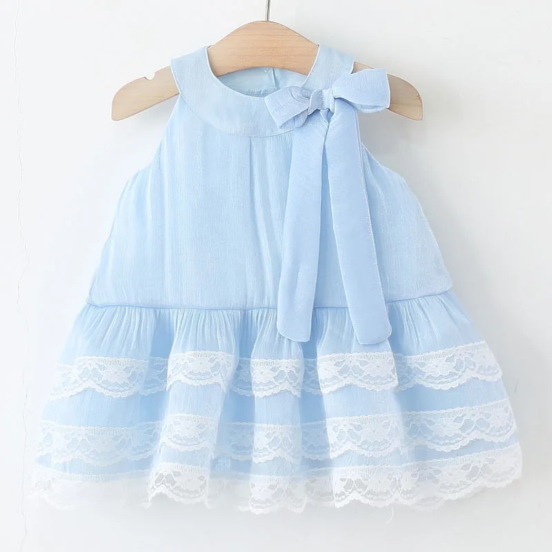 2025 vestidos de lujo de verano para niñas coreano lindo arco sin mangas de encaje de algodón princesa cumpleaños vestido azul Boutique ropa para niños B108