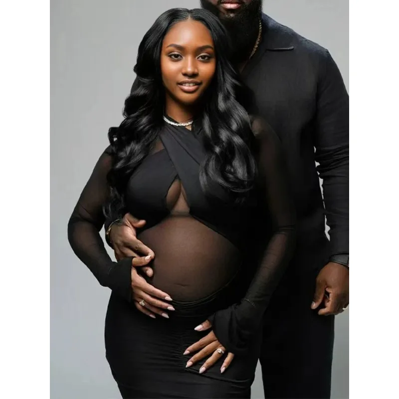 Vestido de maternidad negro transparente de manga larga ajustada - imagen 2