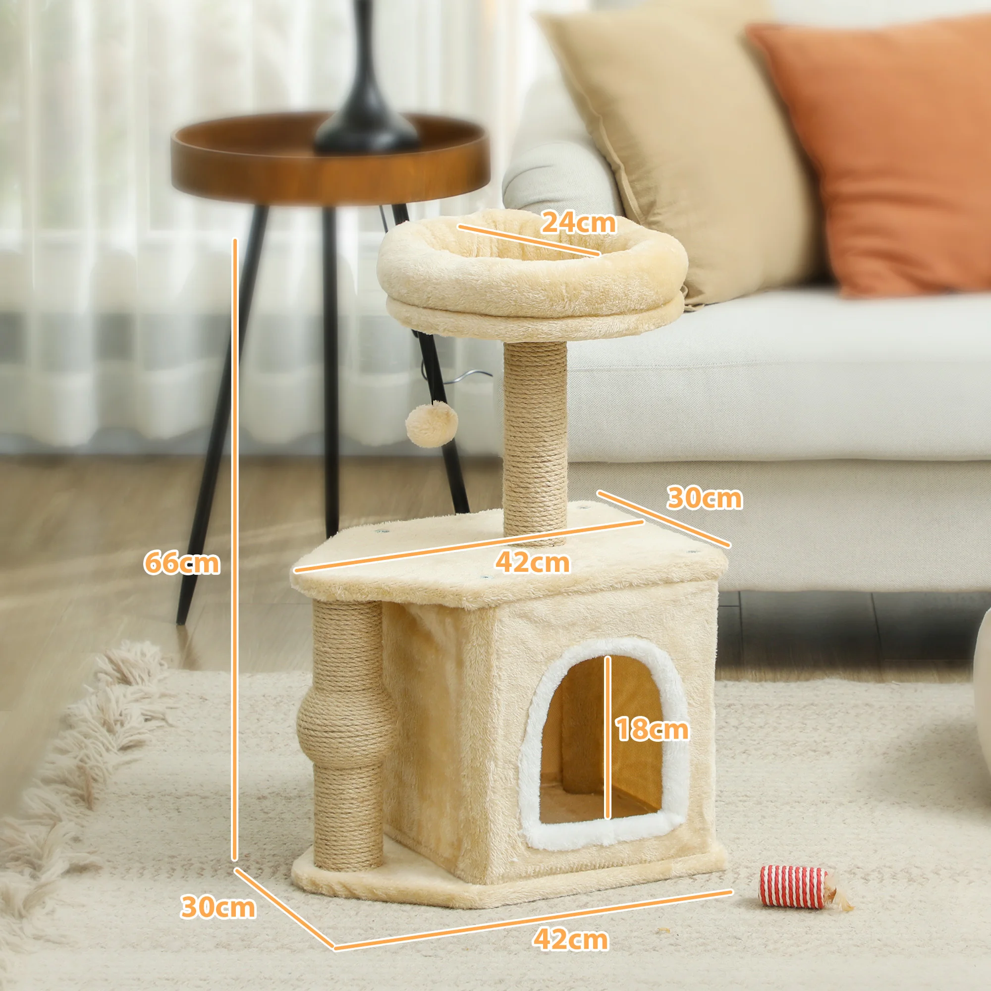 PawHut Árbol Rascador para Gatos Altura 66 cm Árbol para Gatos Torre para Gatos con Cama Cueva Plataforma Bola Colgante y Poste de Yute Beige - imagen 3