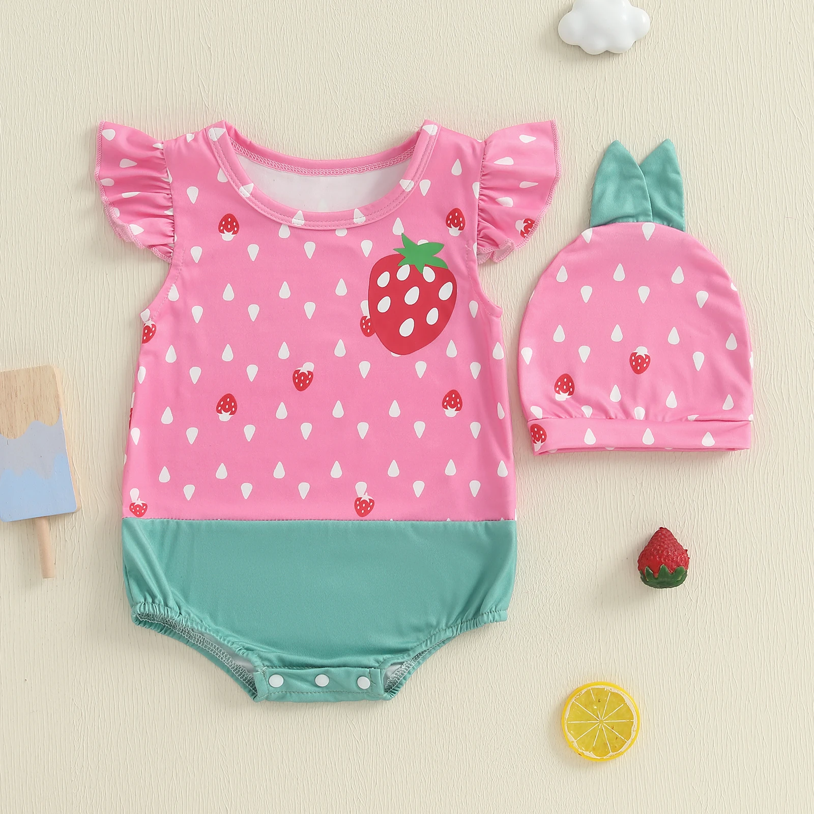 SUNSIOM Conjuntos de verano para niña de 0 a 18 meses, mameluco con cuello redondo y manga mosca y sombrero, conjunto de disfraz de fruta infantil - imagen 3