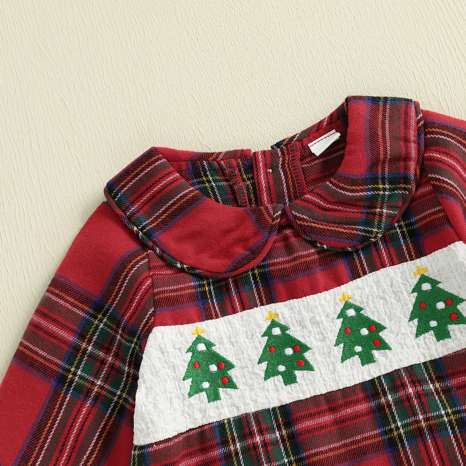 Pelele de Navidad a cuadros para bebé de 0 a 18 meses, mono de manga larga con cuello de muñeca bordado de árbol, ropa bonita para invierno y otoño - imagen 4