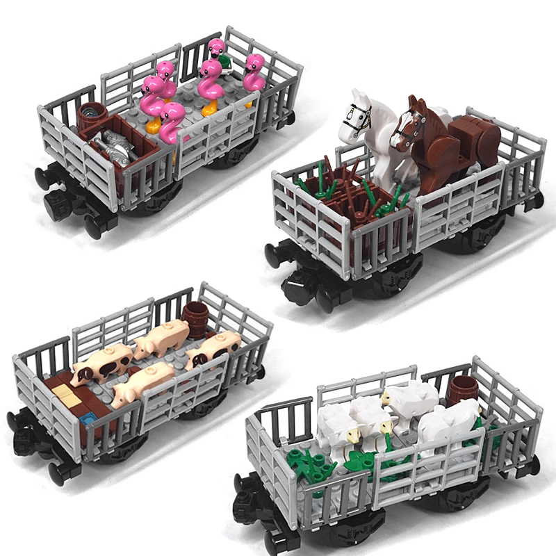 Carro de tren dedicado para animales MOC de granja, bloques de construcción, vaca, oveja, cerdo, transporte de caballos, juguete de montaje DIY para niños