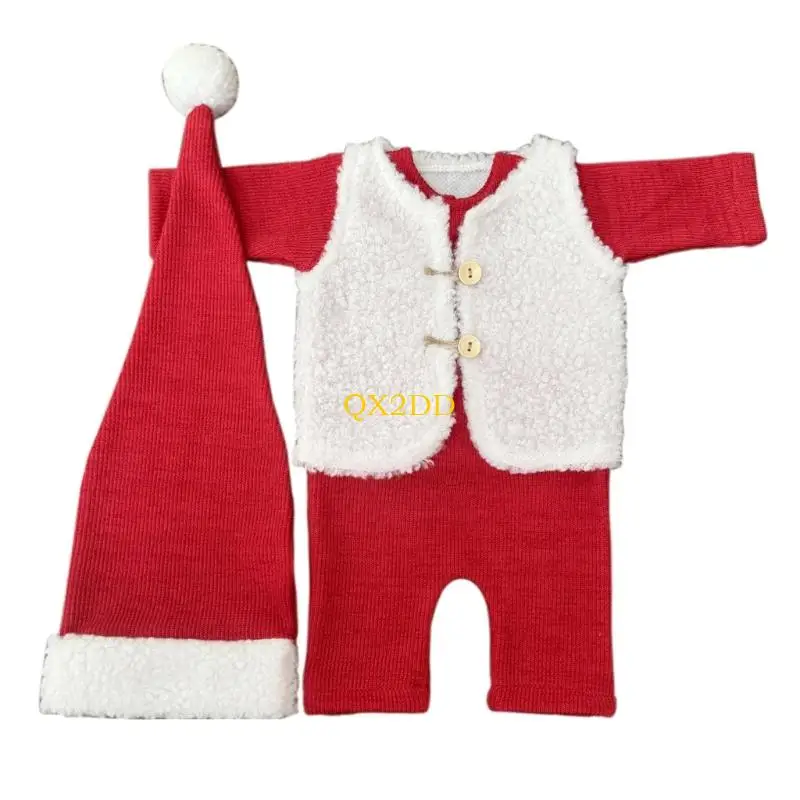 QX2D Conjunto utilería para fotografía Papá Noel para bebé, 3 piezas, ropa cómoda y respetuosa con piel para recién - imagen 5