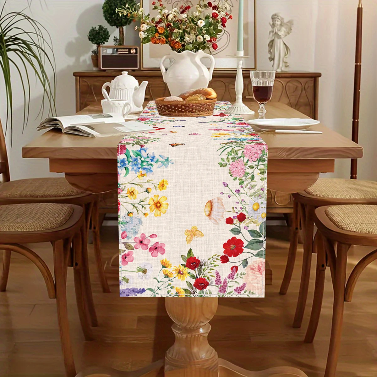 Caminos de mesa de PE/lino, mariposas y flores silvestres coloridas de primavera, decoración para fiesta de boda, caminos de mesa de plantas florales de verano, decoración de mesa - imagen 4