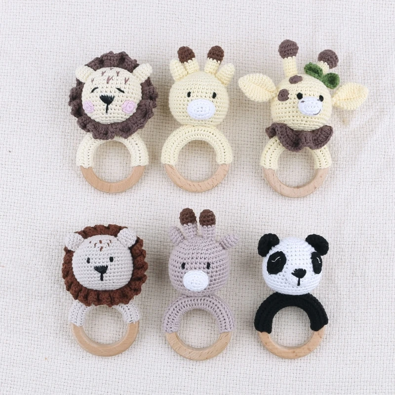 Sonajero de Animal de dibujos animados de ganchillo para bebé, anillo de madera kawaii, sonajero para recién nacido, juguetes hechos a mano, Clips para chupete, juguetes educativos para niños - imagen 4