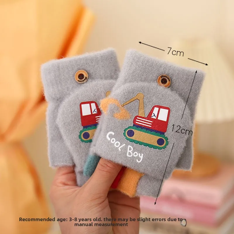 2025 Nuevos guantes para niños de excavadora: estilo de dibujos animados, tejido de medio dedo, a prueba de frío y cálido para niños pequeños en otoño e invierno. - imagen 4