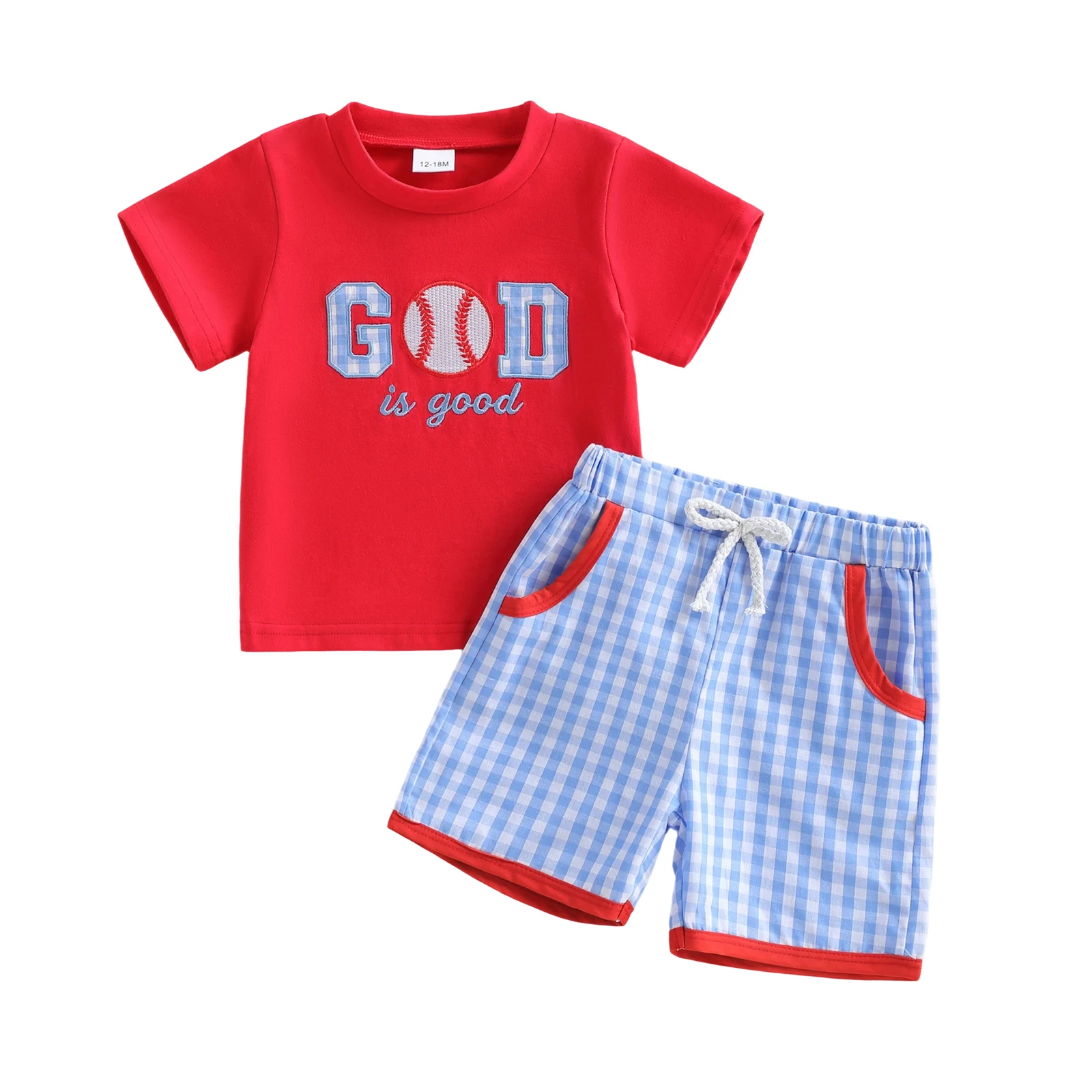 Conjunto infantil de verano camiseta de letras y pantalón a cuadros - imagen 3