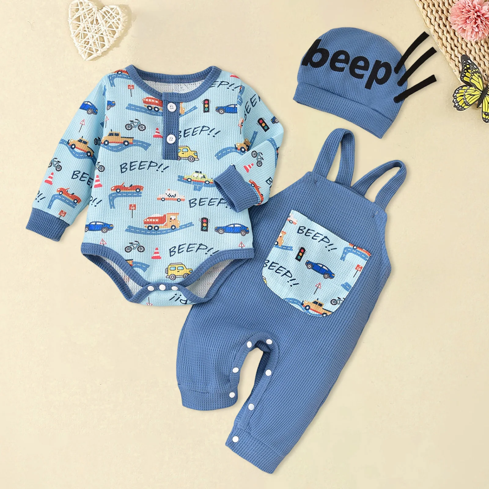 SUNSIOM Conjuntos de ropa para bebés, mameluco estampado de coche/corona de manga larga a la moda con monos y sombrero, trajes de otoño de 3 piezas - imagen 4