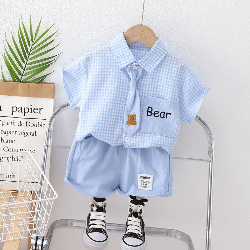 Conjunto de ropa de verano para bebé, traje de camisa a cuadros, pantalones cortos, chándal informal para niño pequeño, 2 uds. - imagen 4