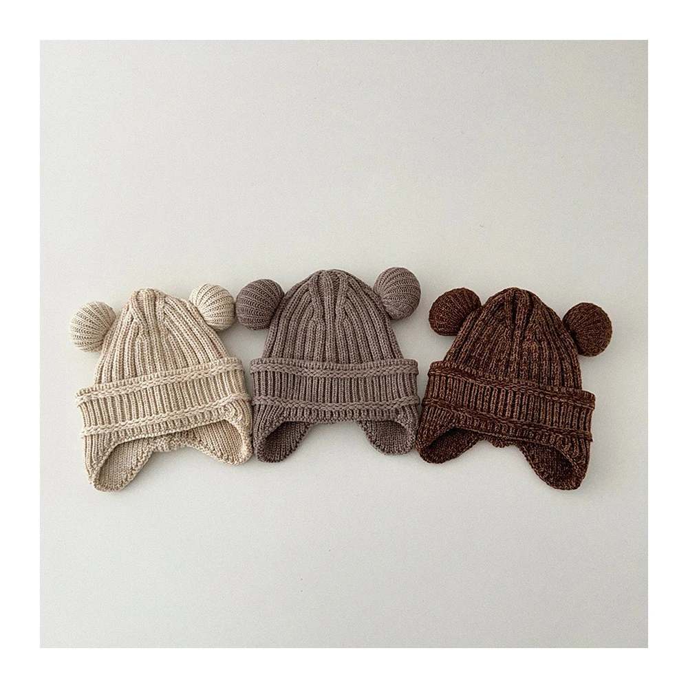 MILANCEL, nuevo gorro tejido de invierno para niños, gorro cálido acolchado de lana para niños, gorro con cabeza de oso de Color sólido, gorro grueso con protección para los oídos para niños - imagen 4