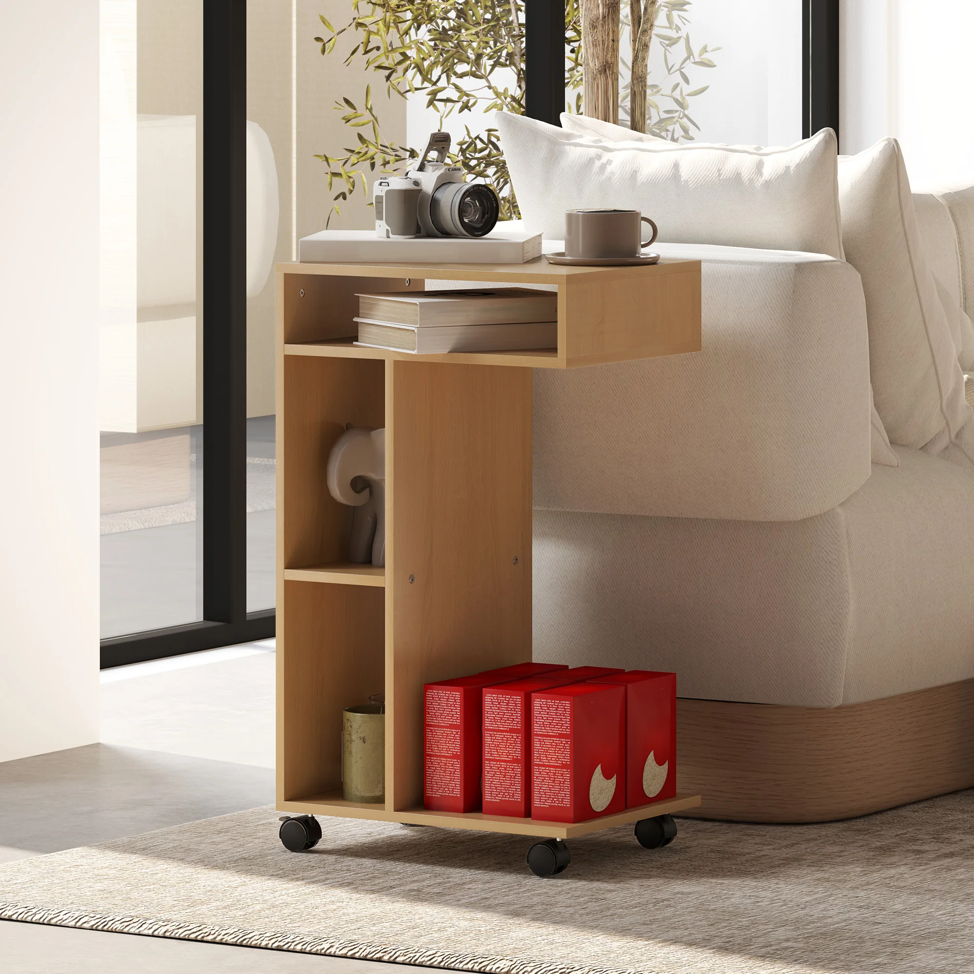 HOMCOM Mesa Auxiliar Multifuncional en Forma de C Mesa Auxiliar para Sofá con Ruedas Compartimentos Abiertos Mesa Lateral para Sofá Salón Dormitorio Oficina 40x30x69 cm Roble - imagen 2