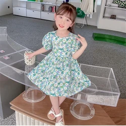 Vestido de manga corta con lazo para bebé, vestido pequeño Floral fresco para niña, vestido de algodón puro transpirable de verano con cuello redondo para niño