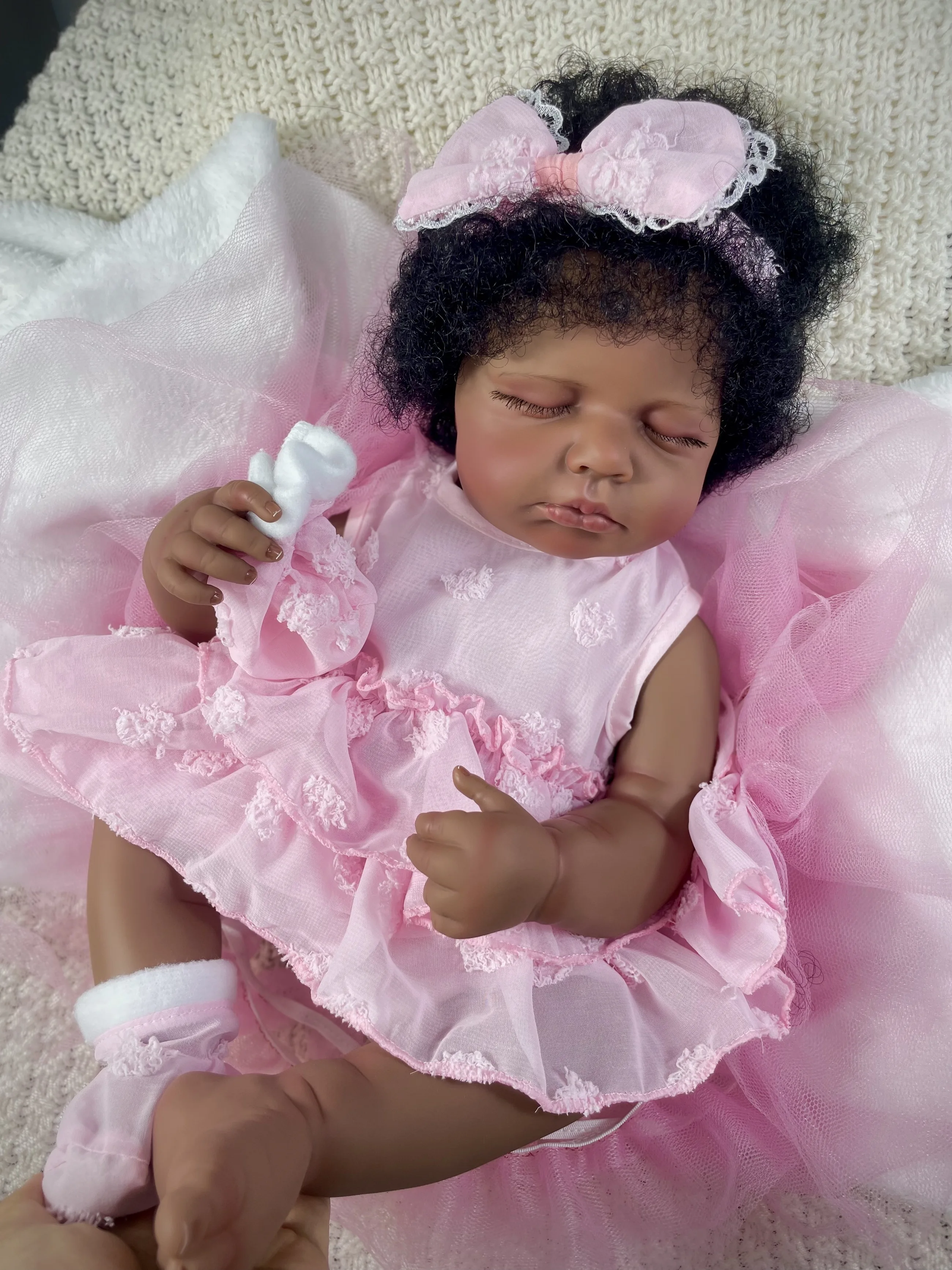 MRB-Muñeca de bebé Reborn LouLou, niña de piel oscura, bebé afroamericano terminado, niña negra encantadora, muñeca de arte coleccionable, 50CM