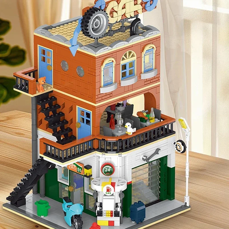 Bloques de construcción para tienda de reparación de ciudades, modelo clásico de vista a la calle, ladrillos, decoración de escritorio, juguetes para niños, regalos de vacaciones, 1637 Uds. - imagen 4