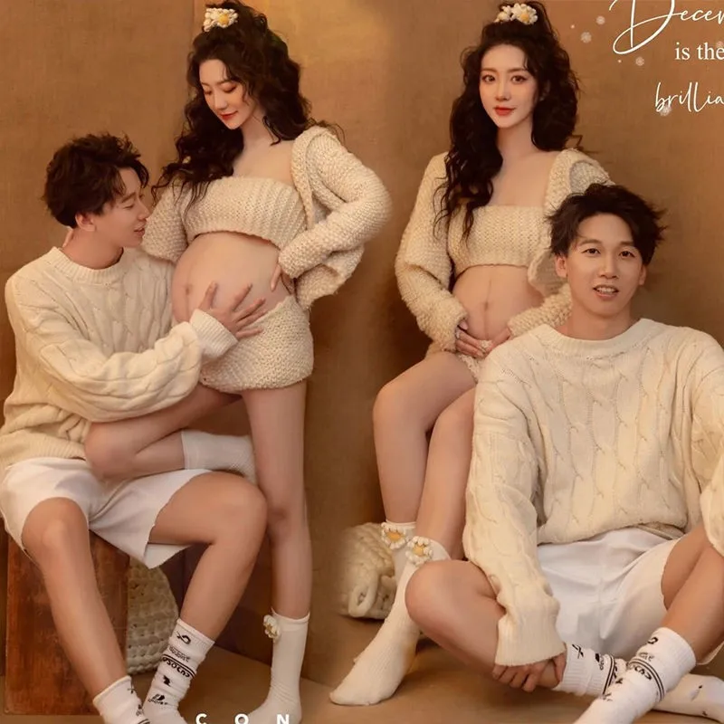 Accesorios de fotografía para mujer, suéter tejido, cárdigans superiores, pantalones cortos, calcetines, ropa de embarazo, pareja, familia, maternidad, accesorios para fotos, trajes - imagen 2